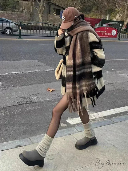 Mohair Winter Scarf - Solid Color Thickened Wool Fringed Type F coffee color