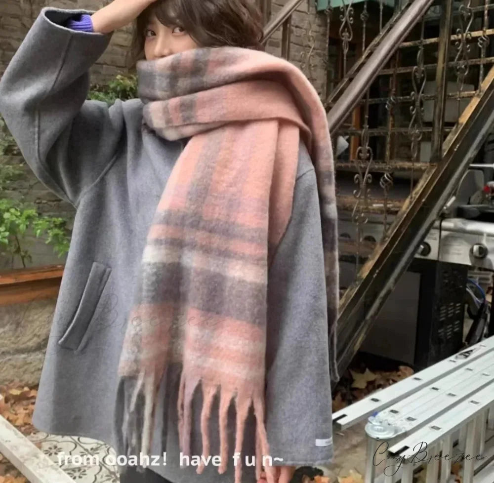 Mohair Winter Scarf - Solid Color Thickened Wool Fringed Type F gray-pink