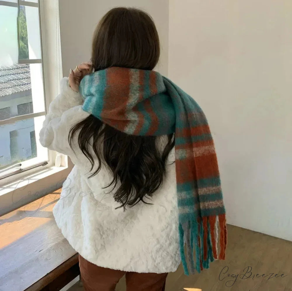 Mohair Winter Scarf - Solid Color Thickened Wool Fringed Type F Orange green