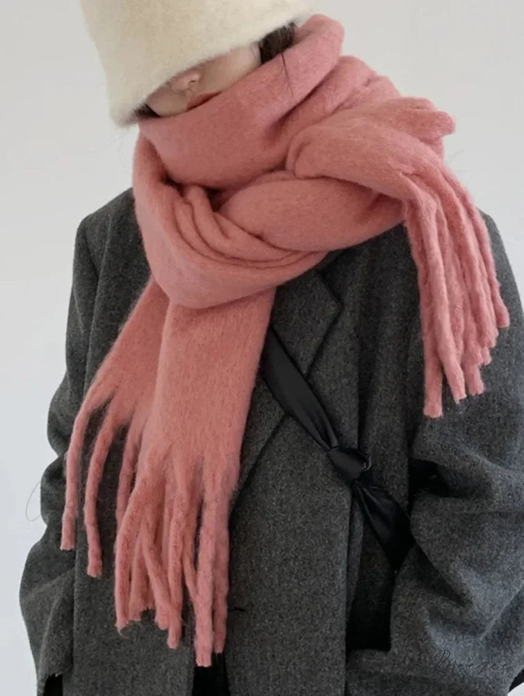 Mohair Winter Scarf - Solid Color Thickened Wool Fringed Watermelon Red