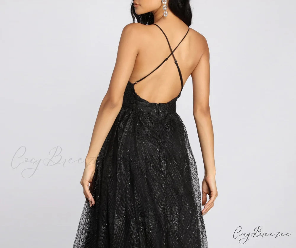 Mona Formal Stylish Plunging Glitter Dress