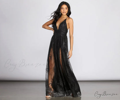 Mona Formal Stylish Plunging Glitter Dress BLACK / S