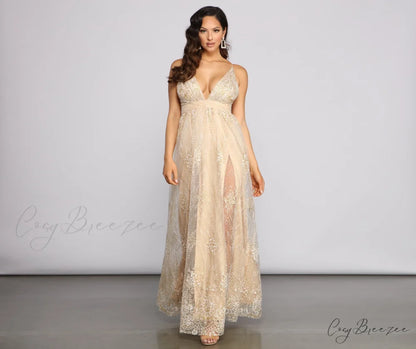 Mona Formal Stylish Plunging Glitter Dress GOLD / S