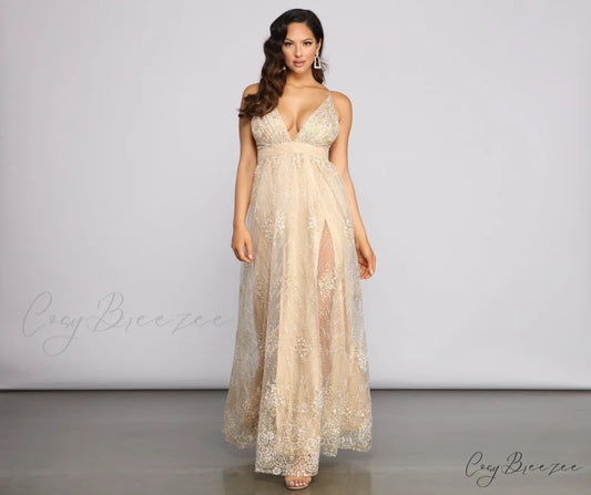 Mona Formal Stylish Plunging Glitter Dress GOLD / S