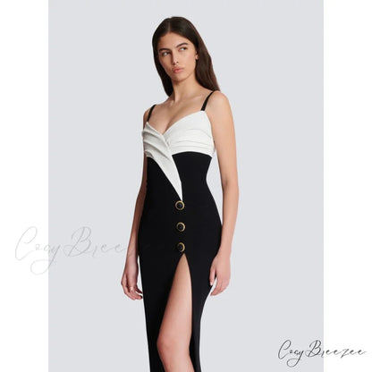 Monochrome Slit Satin Party Prom Dress promdress-250223