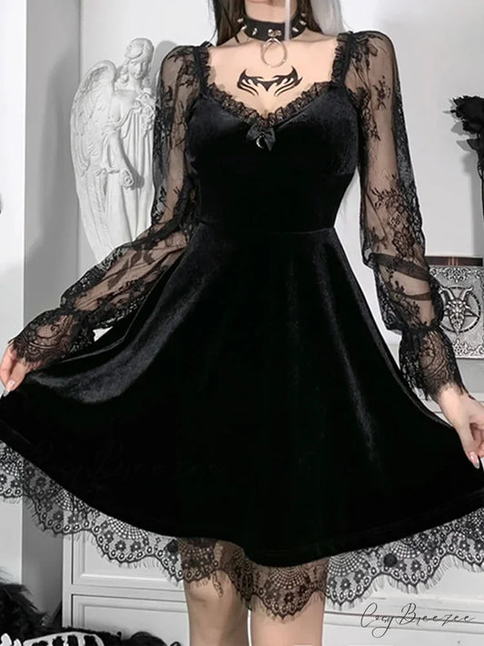 Moon Sexy Black Grunge Dark V Neck Aesthetic Vintage Mini Long Sleeve Autumn Dress Black / S