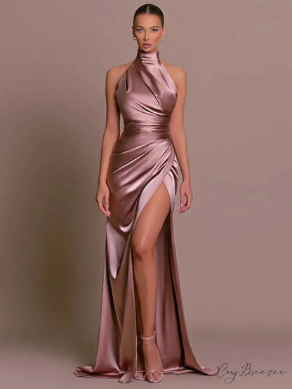 Mozision Halter Sleeveless High Split Maxi Dress For Women Fashion Christmas Party Dress