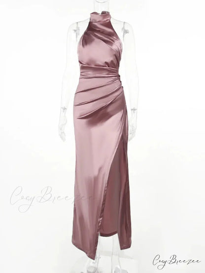 Mozision Halter Sleeveless High Split Maxi Dress For Women Fashion Christmas Party Dress Pink / S
