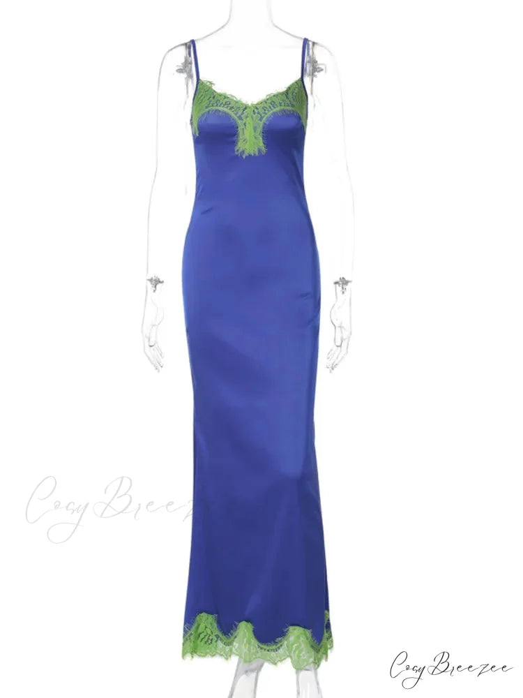 Mozision Spaghetti Strap Lace Strapless Sexy Maxi Boho Dress Blue / S