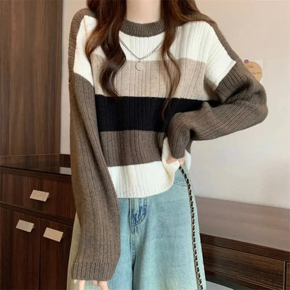 Multi-Color Splicing Lazy Style Slimming Sweater coffee / S swraters-241228