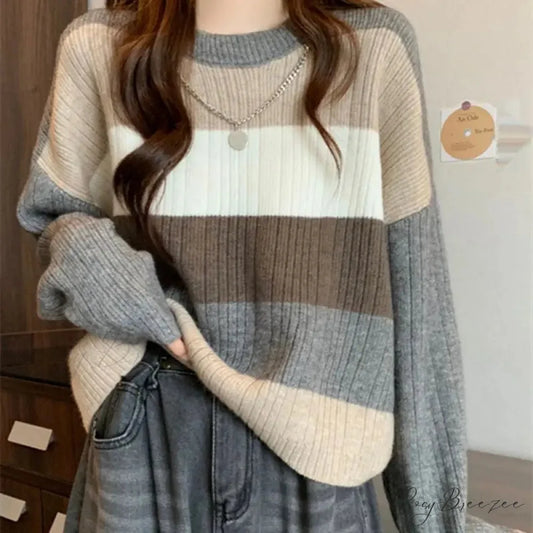 Multi-Color Splicing Lazy Style Slimming Sweater gray / S swraters-241228