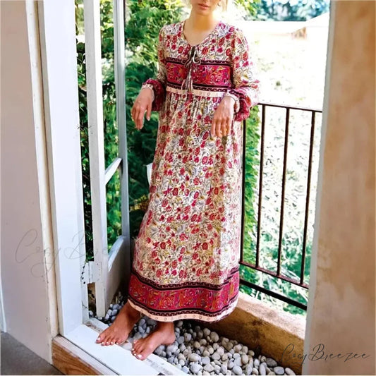 Multi Floral Print Tie Neck Tassel Vintage Bohemian Maxi Dress WHITE / S bohodress-250126