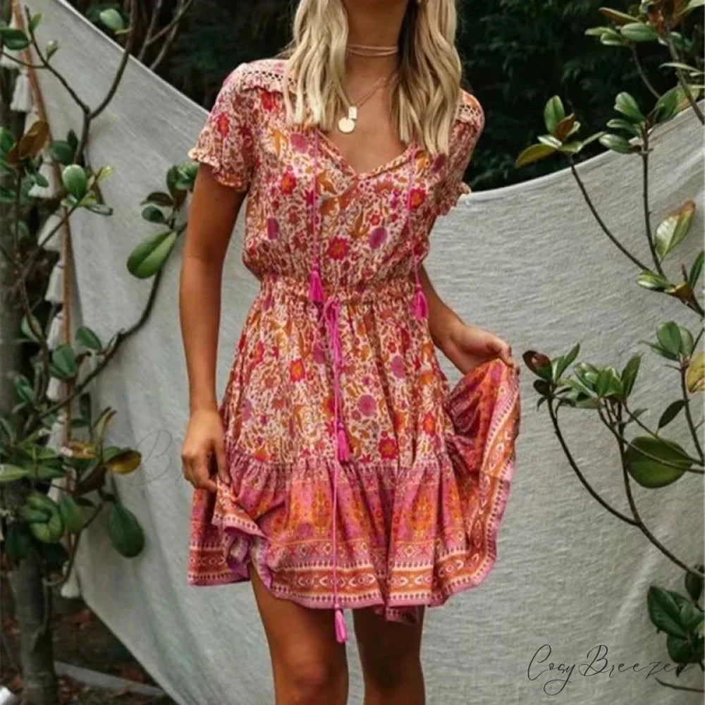 Multi Floral Print V-neck Half Sleeve Loose Mini Dress Pink / S bohodress-250126