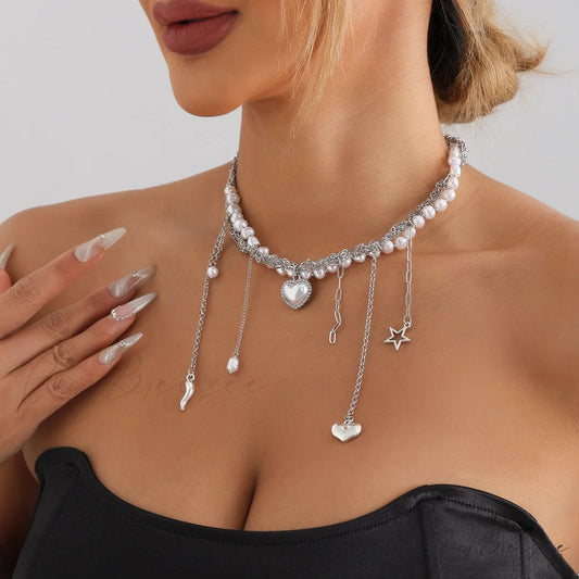 Multi-layer Heart Tassel Pearl Star Pendant Necklace STEEL