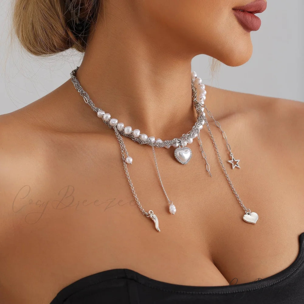 Multi-layer Heart Tassel Pearl Star Pendant Necklace STEEL