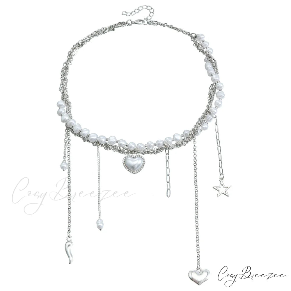 Multi-layer Heart Tassel Pearl Star Pendant Necklace STEEL