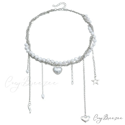 Multi-layer Heart Tassel Pearl Star Pendant Necklace STEEL