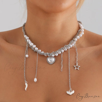 Multi-layer Heart Tassel Pearl Star Pendant Necklace STEEL