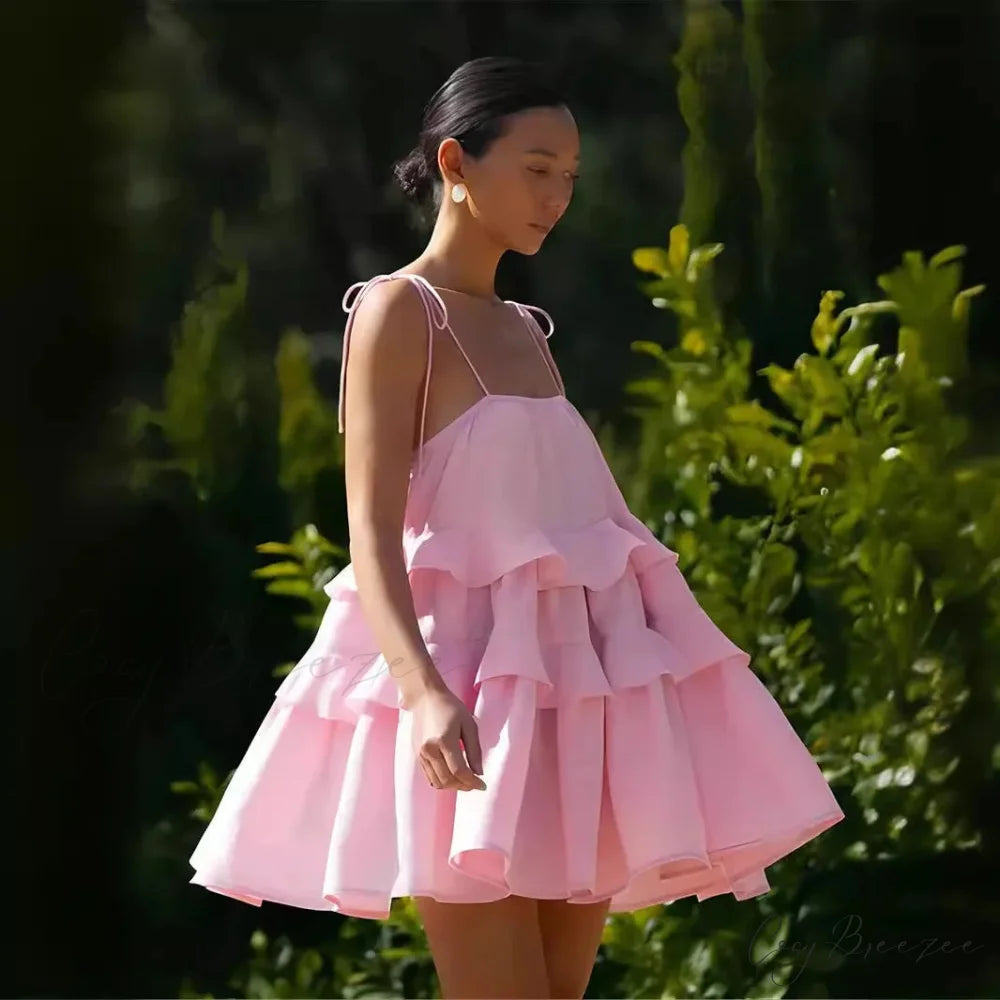 Multi-Tiered Ruffles Stylish Strappy Mini Dress Pink / M
