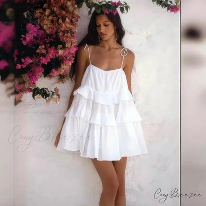 Multi-Tiered Ruffles Stylish Strappy Mini Dress White / M