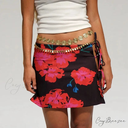 Multi-wear Floral Print Mini Skirt Crop Tops Low Waist Y2K Streetwear BLACK / S twopiecesset-250126