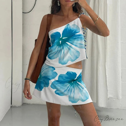 Multi-wear Floral Print Mini Skirt Crop Tops Low Waist Y2K Streetwear twopiecesset-250126