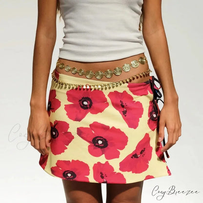 Multi-wear Floral Print Mini Skirt Crop Tops Low Waist Y2K Streetwear YELLOW / S twopiecesset-250126