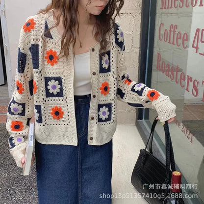 Multicolor Y2K Loose Crochet Knit Cardigan cardiagn-250126