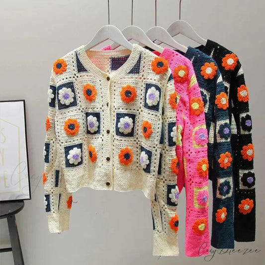 Multicolor Y2K Loose Crochet Knit Cardigan cardiagn-250126