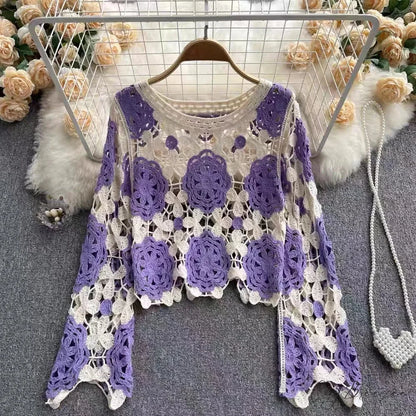 Multicolor Y2K Loose Crochet Knit Cardigan PURPLE / One Size cardiagn-250126