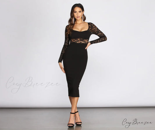 Muriel Illusion Stylish Lace Crepe Dress BLACK / S