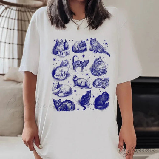 Mystic Cat Star Print T-shirt WHITE / S t-shirt-250223