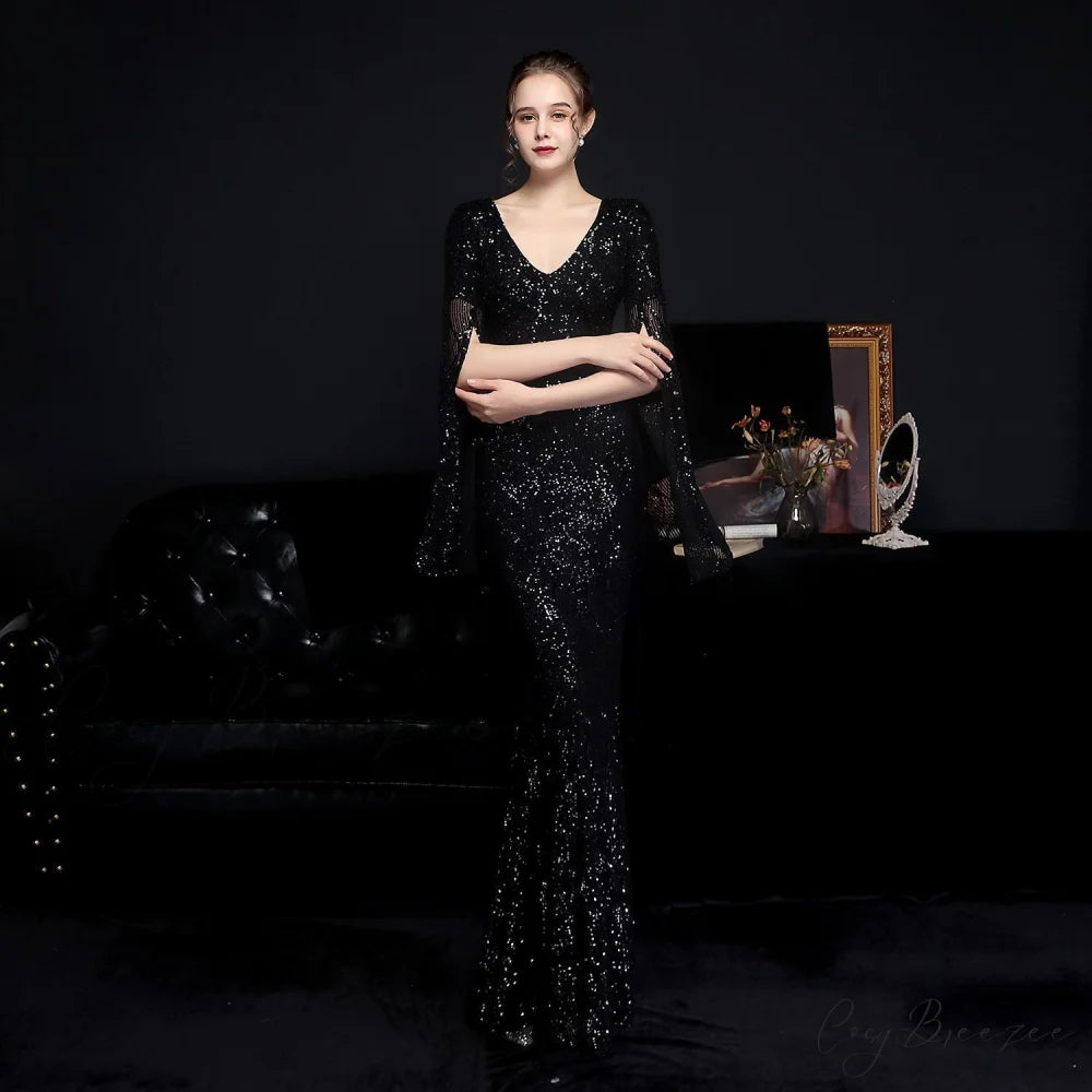 Natalie Open Sleeve Charming Formal Sequined Mermaid Dress BLACK / XS