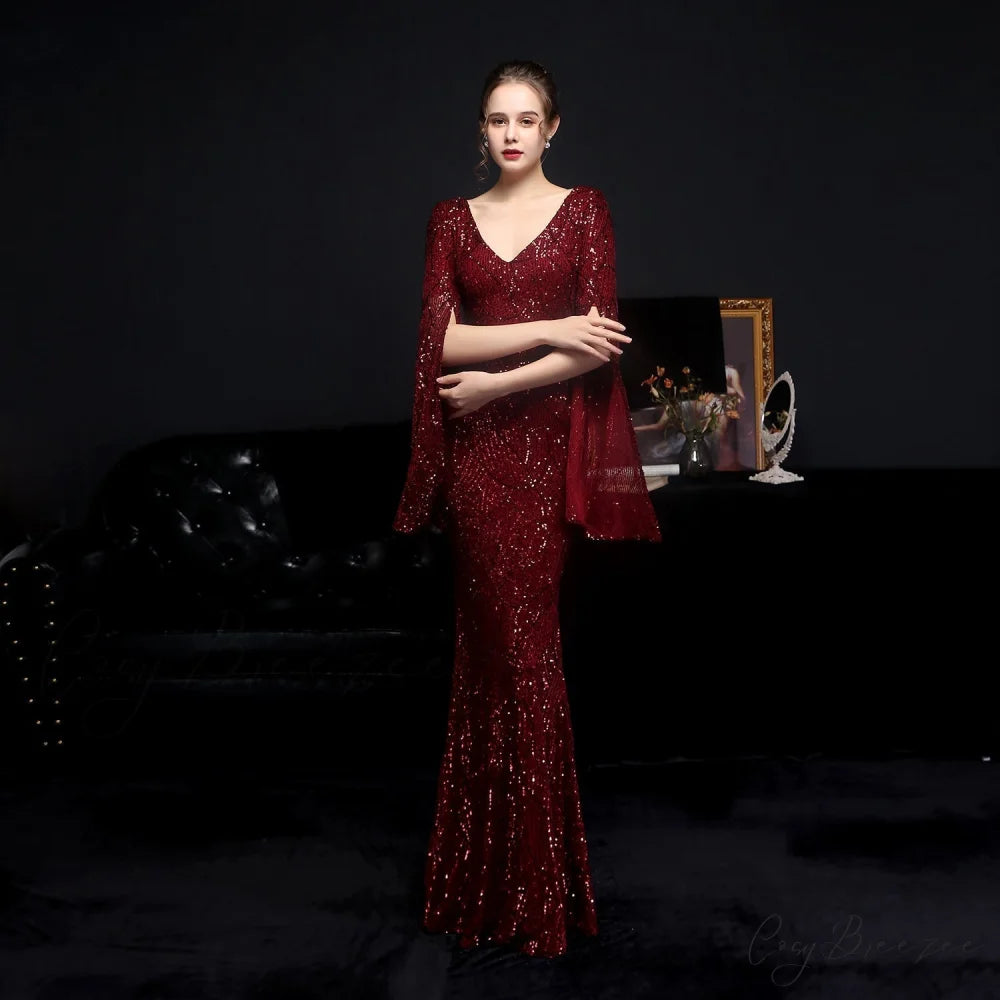 Natalie Open Sleeve Charming Formal Sequined Mermaid Dress BURGUNDY / XS