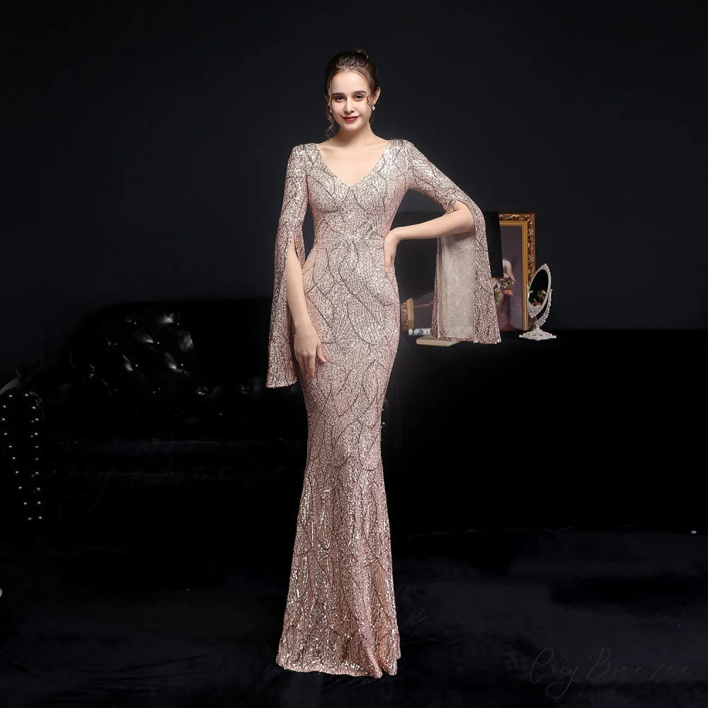 Natalie Open Sleeve Charming Formal Sequined Mermaid Dress GOLD / XS