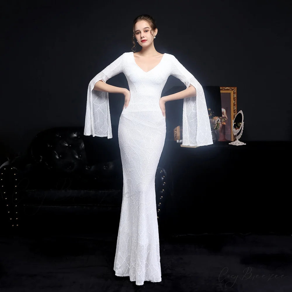 Natalie Open Sleeve Charming Formal Sequined Mermaid Dress WHITE / XS