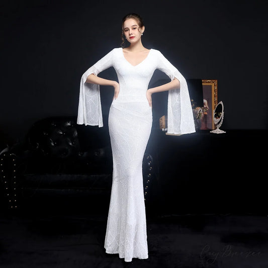 Natalie Open Sleeve Charming Formal Sequined Mermaid Dress WHITE / XS