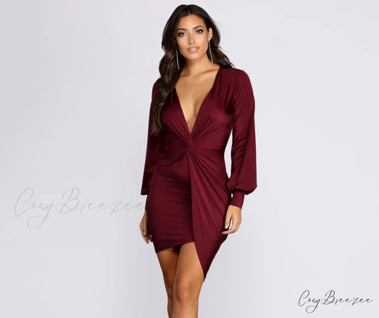 Natural Attraction Stylish Mini Knot Dress BURGUNDY / XS