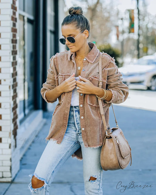 Navid Corduroy Shacket with Pockets - Brown Sugar