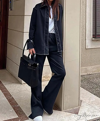 Navy Blue Button Pockets Trousers Office Set Navy Blue / S officetwopieceset-250223