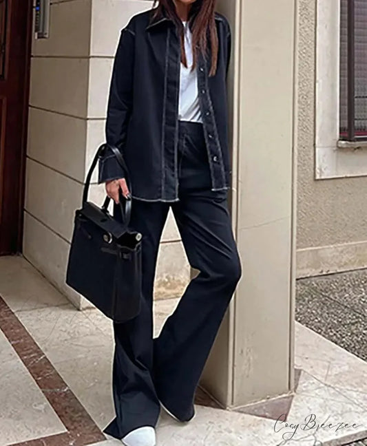 Navy Blue Button Pockets Trousers Office Set Navy Blue / S officetwopieceset-250223