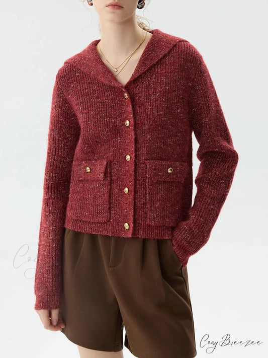 Navy Collar Sequin Flower Knit Cardigan Red / XS