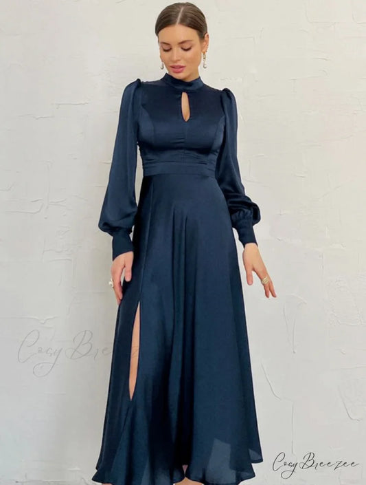 Navy Hollow Out Satin Midi Party Dress with Lantern Sleeves and Keyhole Detail