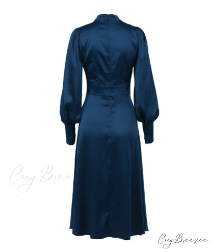 Navy Hollow Out Satin Midi Party Dress with Lantern Sleeves and Keyhole Detail