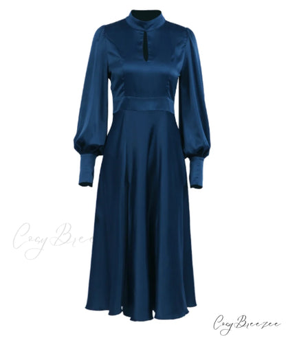 Navy Hollow Out Satin Midi Party Dress with Lantern Sleeves and Keyhole Detail