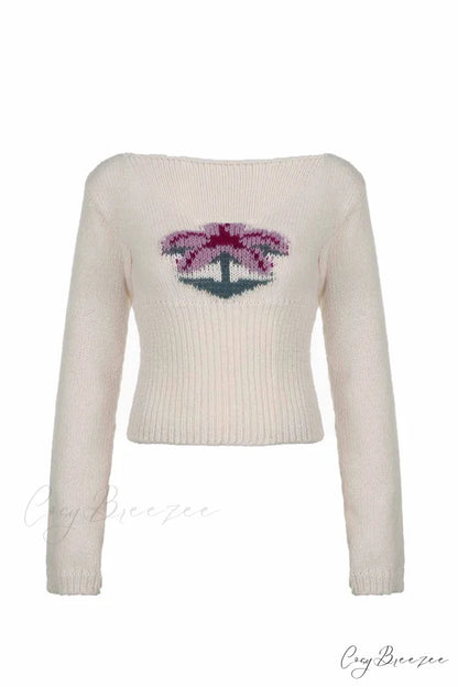 Neck Knitted U Flowered Sweater