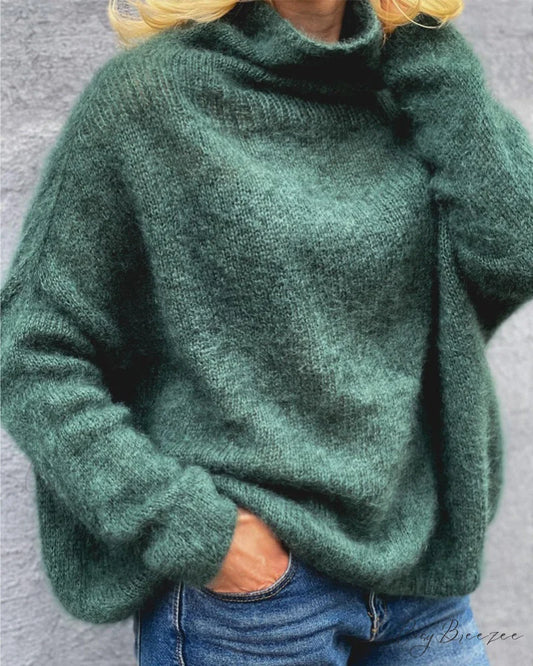 Neck Solid High Color Pullover Green / S
