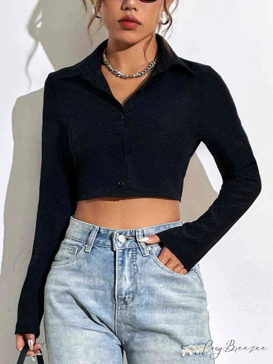 Neck with Long Blouse Arm Button Collared Up Black / S