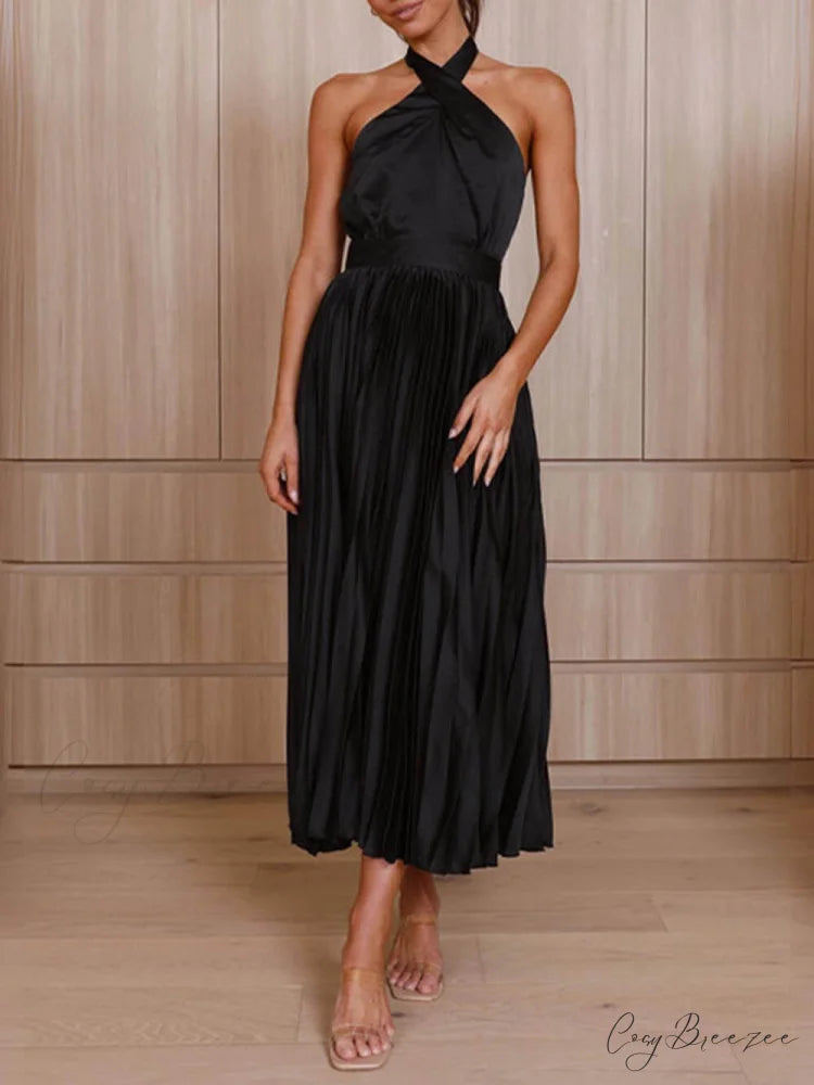 Neckline Pleated Vacation Charming Party Midi Dresses Black / S