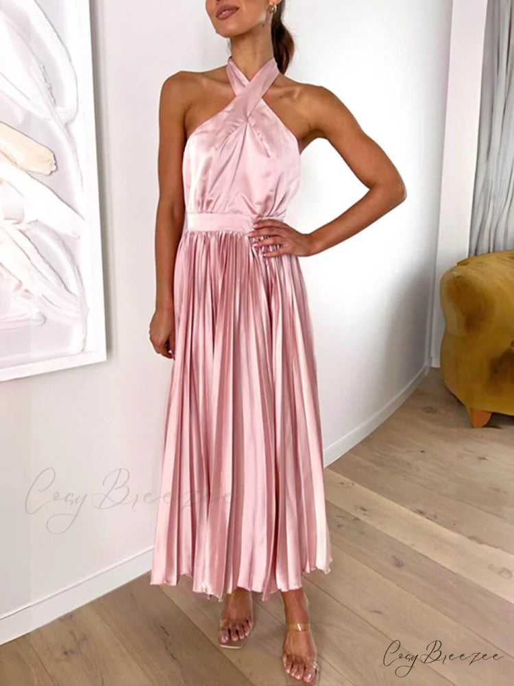 Neckline Pleated Vacation Charming Party Midi Dresses Pink / S